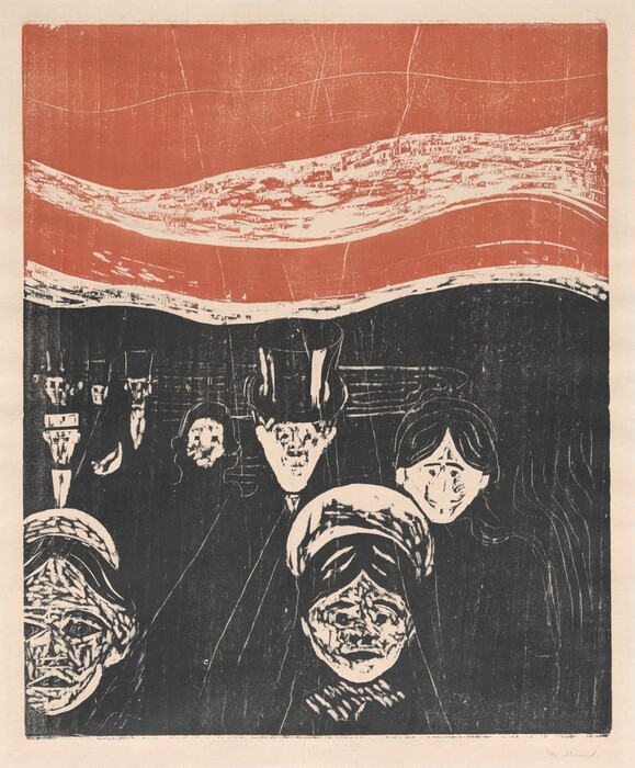 The image shows a group of people against an abstract background. The figures mainly display their head and upper body, with some facing the viewer. Two individuals on either side might be women sporting head coverings. Their facial features are distorted in an abstract style, making it hard to discern specific characteristics. One person in the center wears a top hat and formal attire. More individuals in formal wear, most in top hats, are visible in the background. The scene is set beneath a vibrant, textured expanse of red and white, resembling a sky or awning. The image plays with a stark contrast between dark and light.