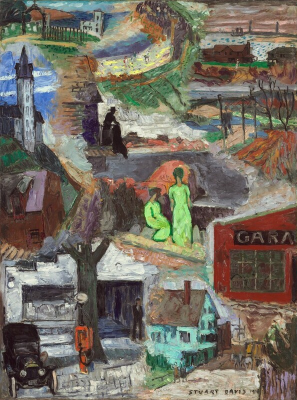 This vertical painting is made up of eleven vignettes loosely arranged in four rows. The scenes are roughly painted so many details are difficult to make out, and one flows into the other, creating a somewhat surreal impression. They seem to illustrate the people and places of a specific location. For example, just right of center are two women in acid-green dresses. One stands with her back to us while the other sits to our left with her head turned away . Directly above them, a man silhouetted in black stands at the corner of a purple and peach building. He wears a wide-brimmed hat and holds onto a tall black object that is hard to identify. He stands against an ivory-white sky with indistinct brown and coral-orange shapes below it. An area in tones of charcoal gray flows away from him toward the right. Another vignette in the upper right shows a black gate and fence that enclose a cemetery stretched out before a church. The lower left has a scene of a black Model-T car parked facing us in front of a white building. The structure has a large window next to a wide opening where a man in black coveralls leans against the right side. An orange, old-fashioned gasoline pump stands before a forest-green tree trunk to the right of the car. Finally, filling the lower right is a tan-colored street running past a turquoise-blue house with a peanut-brown roof. Quick strokes of color suggest two people in front of the house. Further back along the road are two nickel-gray horses. The overall palette is dominated by green, blue, white, black, red, orange, and brown. The artist signed and dated the lower right, “STUART DAVIS 1918.”