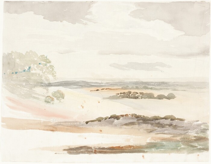 The image shows an elevated point of view overlooking a vast landscape. The horizon is high, with distant hills or mountains barely visible. The brushstrokes are gentle and fluid, giving the painting a soft quality. The color palette is muted, with soft whites, beige, green, and pink. The foreground shows subtle variations in color suggesting grassy and earthy textures. A cluster of trees is on the left, adding depth. In the distance, the landscape extends under a cloudy sky, blending with the background's muted tones.