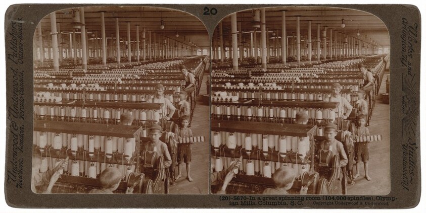 "In a Great Spinning Room (104,000 Spindles), Olympian Mills, Columbia, South Carolina"