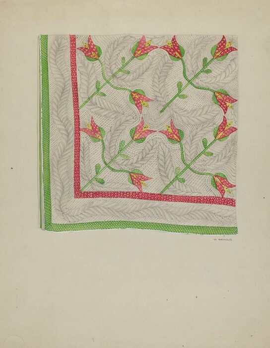 The image shows a handkerchief with a floral pattern. The design includes red and pink flowers with green stems and leaves arranged diagonally across the handkerchief. The flowers have a stylized look with a mix of vibrant colors and dots against a grey leaf-patterned background. The handkerchief has red and green bands defining its borders. The composition appears balanced with the floral motifs creating rhythm across the fabric.