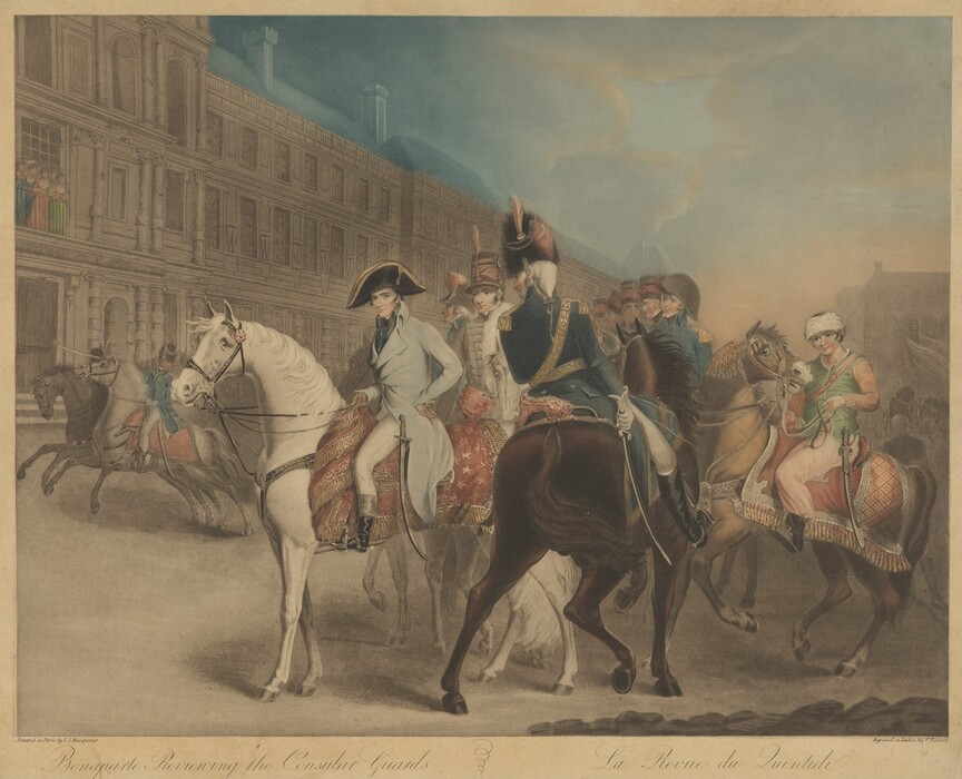 The image shows a group of riders on horseback parading down a street. At the front is a figure on a white horse wearing a light blue coat and a bicorne hat. Beside them is a person in a dark blue coat with gold trim and a feathered hat. Other riders, including individuals in military attire and a person in a colorful ensemble with a turban, are also present. The horses are ornately dressed, and the background features a grand architectural structure with spectators in the windows. The sky is clear blue.
