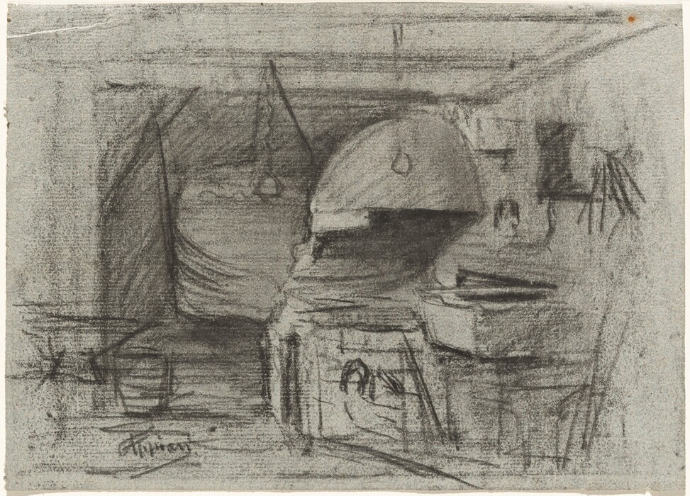 The image shows a sketched interior scene with large, undefined shapes creating an enclosed space, possibly furniture or structural elements. The color palette consists of various shades of gray, with charcoal pencil markings on grayish paper. The arched form is in the center-right area surrounded by other shapes on the left and right sides, creating a sense of depth and layered space.