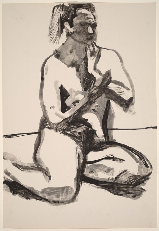 The image is a monochromatic sketch showing a three-quarter view of a figure sitting with legs crossed. The person is in a side profile, with their head turned slightly, bringing a hand up to their chin. The facial features are rendered with loose, expressive strokes, and the hairstyle appears to be medium-length. The figure is depicted in a seated pose, with attention to musculature and body form through bold lines and shading. The person's body is not adorned with any visible clothing or accessories, and no additional objects are held. The background is minimal, simply an empty space.