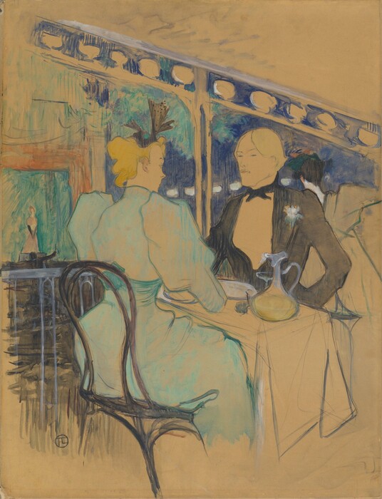 A man and woman sit across from each other at a small, narrow café table under a porch-like roof in this vertical drawing on tan paper. The people’s skin is the color of the paper, and their clothing and hints of the surrounding are painted with streaks and thin washes of vivid color. Closer to us and to the left, the woman sits in a chair with an arched back. Her face is mostly angled away from us, but she has a delicate nose, and her lips appear to be closed. Her pale turquoise-blue dress has a high neck, a tight bodice, a long skirt, and long sleeves puffed along the upper arm. A black hat with short sprays like a spurting fountain is tucked into her yellow updo. Across from her, the man also has yellow hair. His eyes are almost slits under thin brows, and his small lips are closed and possibly pursed under a thin mustache. He has a square chin and prominent jawline. He wears a black tie and dinner jacket with a white flower tucked into the buttonhole. His shirt and the tablecloth are the tan of the paper. A decanter of a yellow liquid, presumably wine, sits on the table. A gray fenced at elbow height for the seated couple runs across the back of the space. The view under the overhanging roof is cobalt blue with tree canopies shaded turquoise green. A store window across a black street shows a mannequin wearing a pink dress. The scene is loosely sketched and details fade beyond the main couple. The artist signed the lower left corner with his initials, HTL, conjoined in a circle.