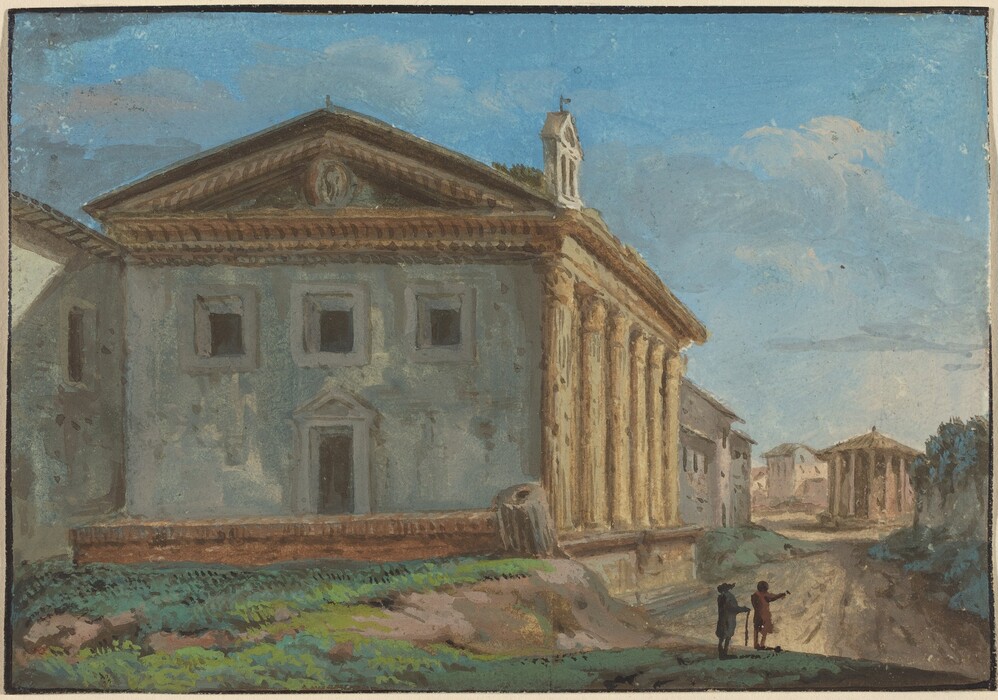 The image displays a street scene with a classic building on the left side, a grassy area in the foreground, and smaller structures in the background. The sun illuminates the building, and the sky is blue with some clouds. Two figures are talking on a dirt path leading to more buildings. The colors are earthy and harmonious.