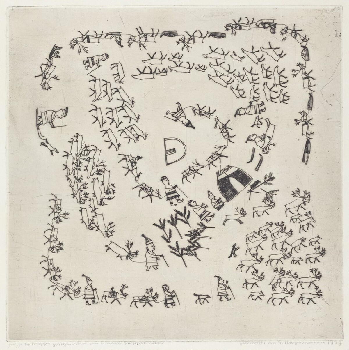Folk Scene: Several Groups of Reindeer and Eskimos