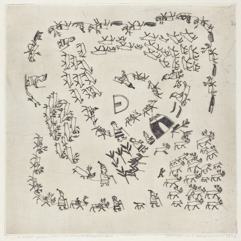 Folk Scene: Several Groups of Reindeer and Eskimos