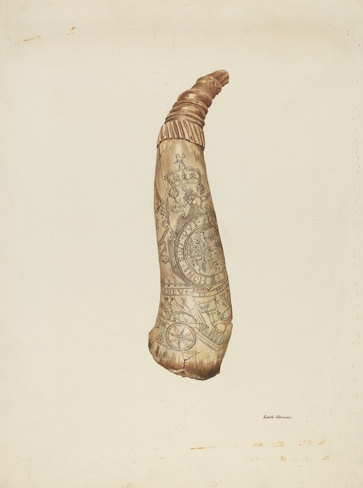 This is a painting of a decorated horn or tusk. The artwork features intricate carvings on the horn or tusk against a plain background. Engravings depict maritime themes such as ships, compasses, and possibly sea creatures. The object has a slightly curved shape. Shading and color give it a three-dimensional appearance and highlight the textures. The style is reminiscent of naturalist or scientific illustrations. The artist used delicate brush strokes to accentuate details and forms.