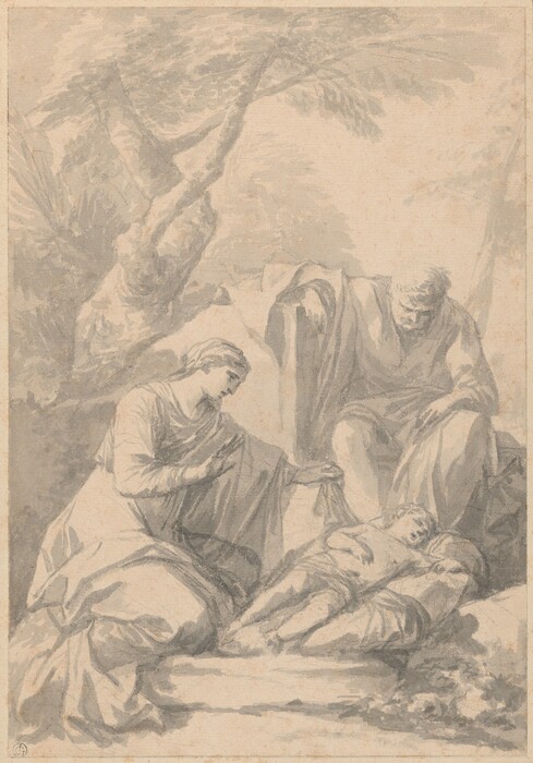 Three figures are depicted in the drawing. The first figure is a woman shown from head to knee, kneeling with her head slightly tilted downwards. She has delicate facial features and covered hair, wearing a draped garment that flows around her with detailed folds. The second figure is a man, visible from head to knee, sitting beside her with his head slightly bent forward. He has short hair and a calm expression. He is dressed in long, flowing clothes. Between them on the ground lies an infant, partially wrapped in cloth, visible from head to toe, resting on what seems to be swaddling clothes or a garment, with eyes closed. The background features a softly sketched outdoor setting with a tree trunk shape in the top left corner and foliage across the upper part of the drawing.