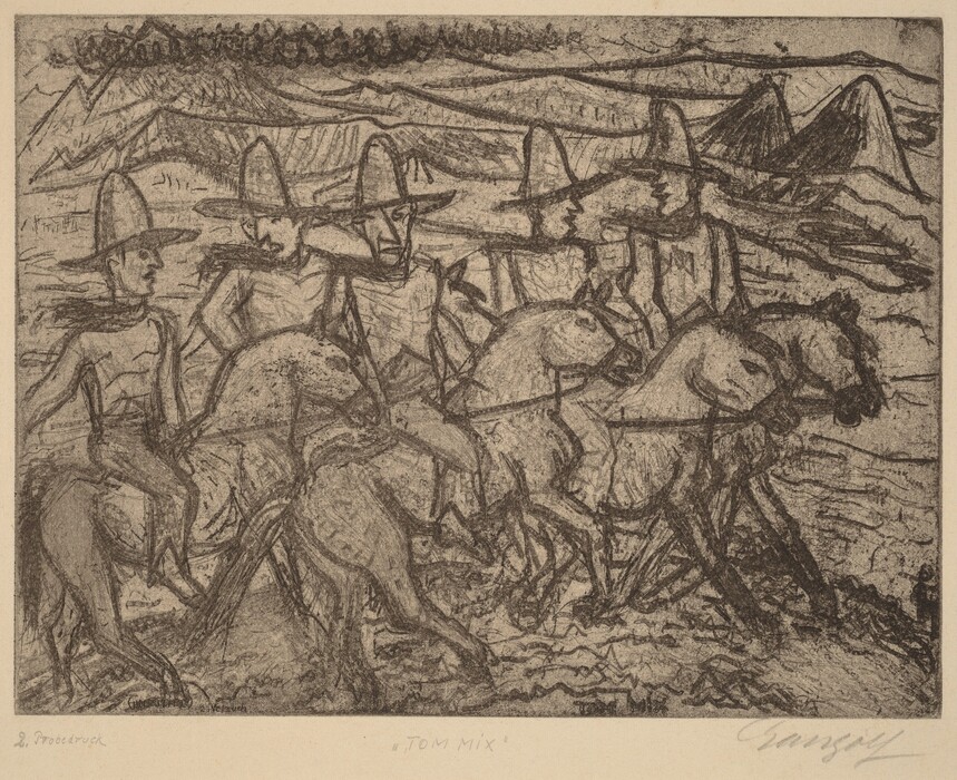 This is a drawing of several figures riding horses through a rugged landscape. The composition features a group of riders adorned with broad-brimmed hats. The horses appear in dynamic poses, emphasizing movement. The background presents a mountainous terrain. The drawing employs bold, expressive lines to capture the energy and motion of the scene.