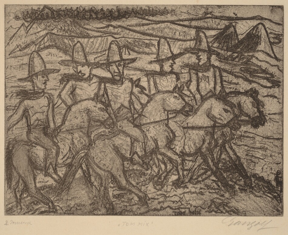 This is a drawing of several figures riding horses through a rugged landscape. The composition features a group of riders adorned with broad-brimmed hats. The horses appear in dynamic poses, emphasizing movement. The background presents a mountainous terrain. The drawing employs bold, expressive lines to capture the energy and motion of the scene.
