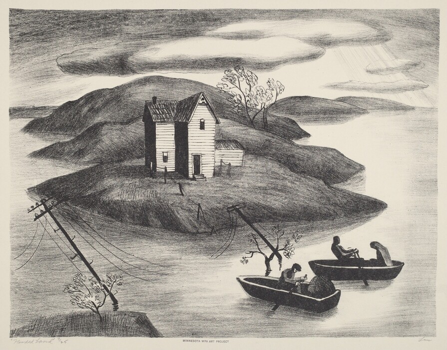 The image depicts a house on a hill surrounded by water, viewed from an elevated angle. The horizon is not visible, as land and water blend in the distance. The brushstrokes show flowing movement in the water and sky, with more defined lines for the land and house. The color palette is primarily black and gray. Two boats with figures inside are in the lower corners, and there are leaning power lines. Clouds cast shadows in the sky.