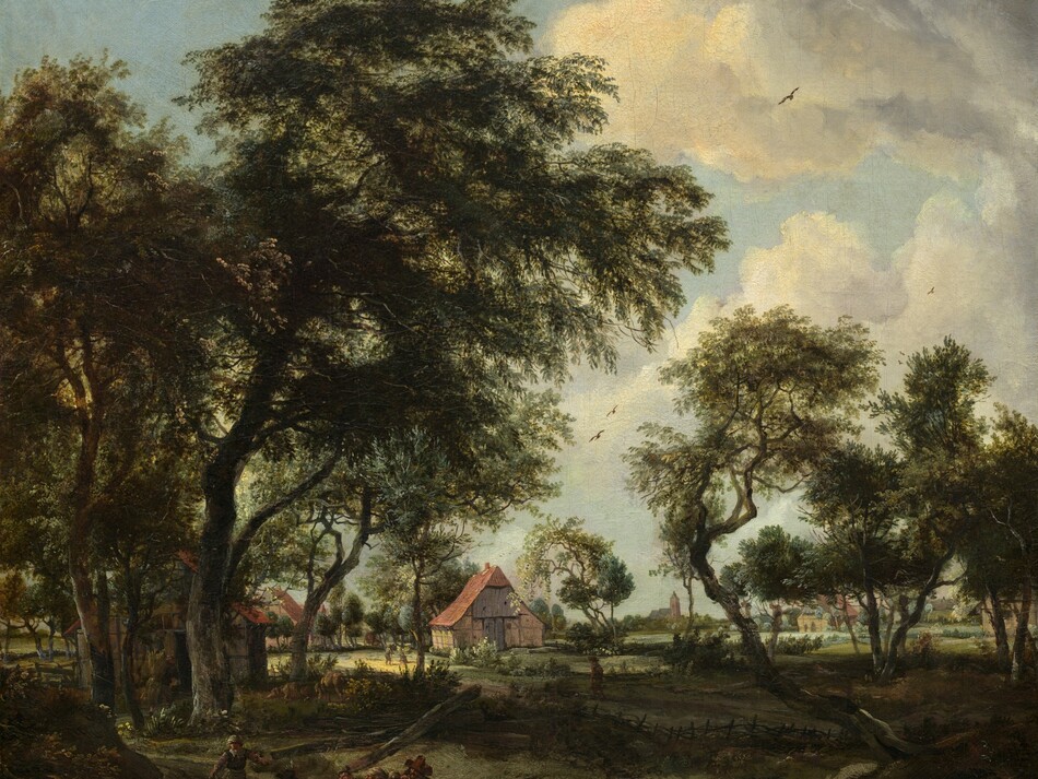 We look across a stream and through a loose screen of shadowy trees at a sunlit farm under a powder-blue sky with towering, puffy clouds in this vertical landscape painting. The ground and stream closest to us are painted in tones of olive green, sepia and earth brown, black, and slate gray. Nearly lost in shadow, a group of six people gathers at the water’s edge in the lower left. Small in scale within the composition, they wear brick-red, gray, or caramel-brown garments. Beyond them, a low picket fence winds through and between a loose band of shadowy trees, which are painted with gnarled, dark gray trunks and camel-brown, sage, and pine-green leaves. The trees to our left are closer and taller, while those to our right are a little farther away. The sun pours from the upper left into the field beyond. The farm buildings there have tan walls and sloping, peach-colored roofs. A few animals and people, smaller than the group in front, stand among the buildings, and more cottages can be glimpsed through a stand of trees on our right. The horizon line comes about a third of the way up the composition, and a church and steeple are silhouetted against the sky in the deep distance. A few birds fly in front of gray and white clouds that rise from the right side and spread across the top of the canvas.