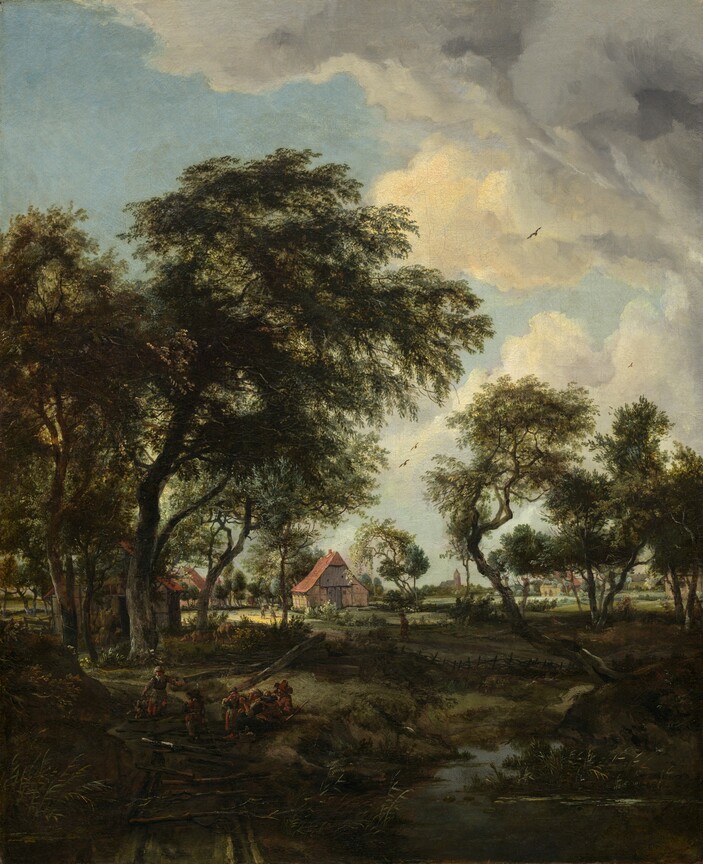 We look across a stream and through a loose screen of shadowy trees at a sunlit farm under a powder-blue sky with towering, puffy clouds in this vertical landscape painting. The ground and stream closest to us are painted in tones of olive green, sepia and earth brown, black, and slate gray. Nearly lost in shadow, a group of six people gathers at the water’s edge in the lower left. Small in scale within the composition, they wear brick-red, gray, or caramel-brown garments. Beyond them, a low picket fence winds through and between a loose band of shadowy trees, which are painted with gnarled, dark gray trunks and camel-brown, sage, and pine-green leaves. The trees to our left are closer and taller, while those to our right are a little farther away. The sun pours from the upper left into the field beyond. The farm buildings there have tan walls and sloping, peach-colored roofs. A few animals and people, smaller than the group in front, stand among the buildings, and more cottages can be glimpsed through a stand of trees on our right. The horizon line comes about a third of the way up the composition, and a church and steeple are silhouetted against the sky in the deep distance. A few birds fly in front of gray and white clouds that rise from the right side and spread across the top of the canvas.
