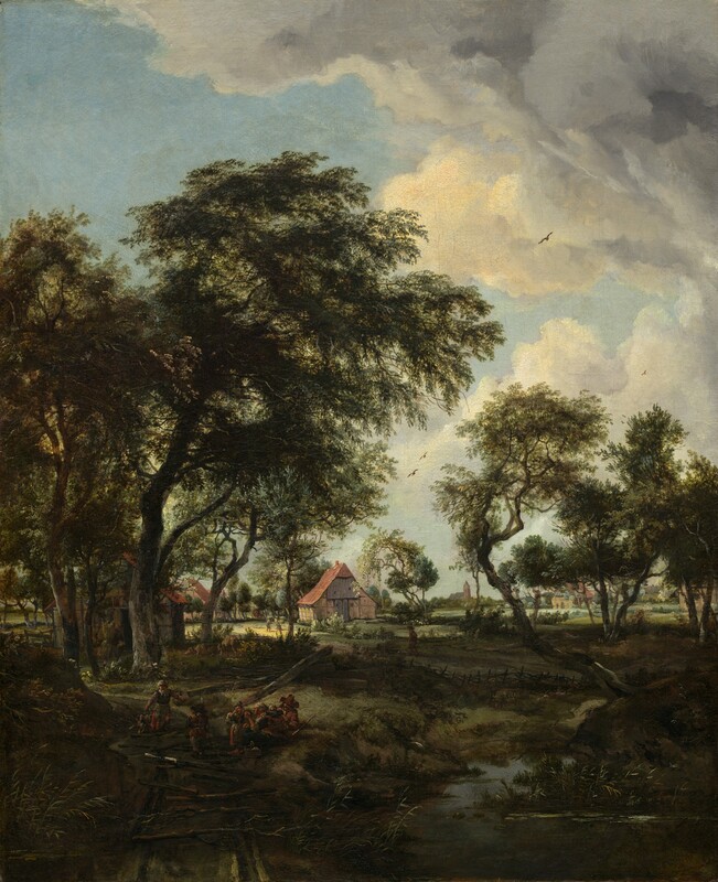 We look across a stream and through a loose screen of shadowy trees at a sunlit farm under a powder-blue sky with towering, puffy clouds in this vertical landscape painting. The ground and stream closest to us are painted in tones of olive green, sepia and earth brown, black, and slate gray. Nearly lost in shadow, a group of six people gathers at the water’s edge in the lower left. Small in scale within the composition, they wear brick-red, gray, or caramel-brown garments. Beyond them, a low picket fence winds through and between a loose band of shadowy trees, which are painted with gnarled, dark gray trunks and camel-brown, sage, and pine-green leaves. The trees to our left are closer and taller, while those to our right are a little farther away. The sun pours from the upper left into the field beyond. The farm buildings there have tan walls and sloping, peach-colored roofs. A few animals and people, smaller than the group in front, stand among the buildings, and more cottages can be glimpsed through a stand of trees on our right. The horizon line comes about a third of the way up the composition, and a church and steeple are silhouetted against the sky in the deep distance. A few birds fly in front of gray and white clouds that rise from the right side and spread across the top of the canvas.