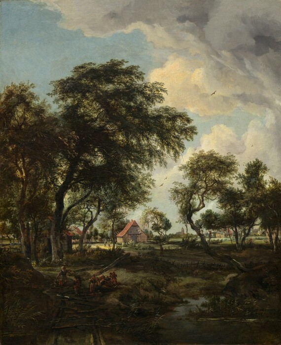 We look across a stream and through a loose screen of shadowy trees at a sunlit farm under a powder-blue sky with towering, puffy clouds in this vertical landscape painting. The ground and stream closest to us are painted in tones of olive green, sepia and earth brown, black, and slate gray. Nearly lost in shadow, a group of six people gathers at the water’s edge in the lower left. Small in scale within the composition, they wear brick-red, gray, or caramel-brown garments. Beyond them, a low picket fence winds through and between a loose band of shadowy trees, which are painted with gnarled, dark gray trunks and camel-brown, sage, and pine-green leaves. The trees to our left are closer and taller, while those to our right are a little farther away. The sun pours from the upper left into the field beyond. The farm buildings there have tan walls and sloping, peach-colored roofs. A few animals and people, smaller than the group in front, stand among the buildings, and more cottages can be glimpsed through a stand of trees on our right. The horizon line comes about a third of the way up the composition, and a church and steeple are silhouetted against the sky in the deep distance. A few birds fly in front of gray and white clouds that rise from the right side and spread across the top of the canvas.
