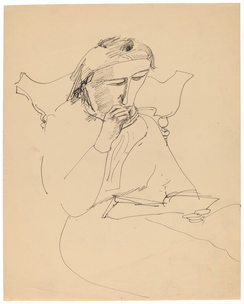 Reading Woman in Chair with Right Hand near Mouth