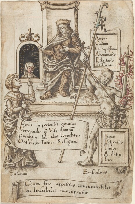This is a drawing depicting an allegorical scene featuring various symbolic figures. The composition includes a central seated figure with a crown, holding a heart-themed object. Flanking this figure are two other figures, one standing on the right holding chains and a banner, and one on the left presenting a framed image. The artwork includes scrolls and tablets inscribed with Latin texts. The use of brown ink and fine lines is typical of the Renaissance period.
