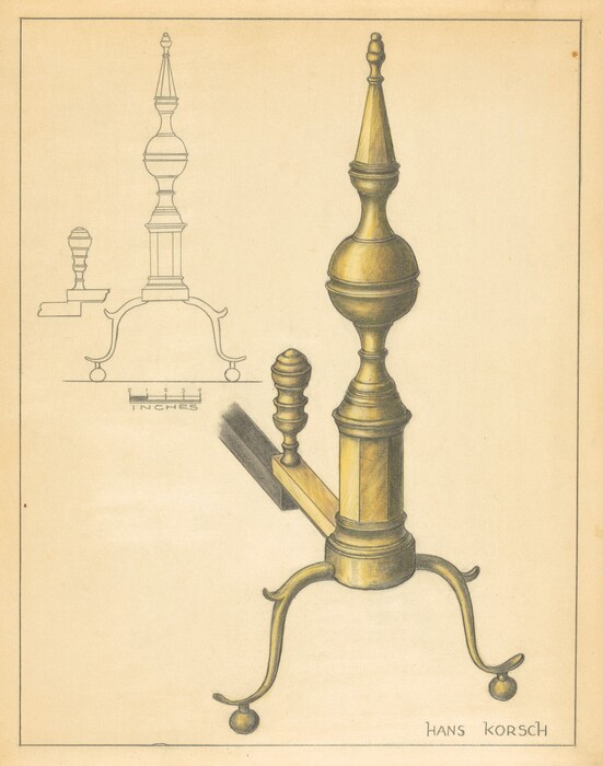 The image shows a detailed illustration of an andiron with a metallic, polished texture. In the background, there is a smaller line drawing of the same object. The color palette includes muted gold, browns, greys, and black. The principal andiron illustration is on the right side, while the technical drawing is on the left. The name "HANS KORSCH" is printed in the lower right corner.