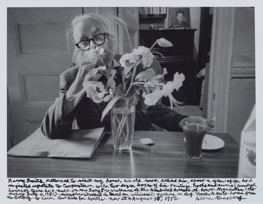 Harry Smith returned to visit my house, his old room behind him, about a year after he’d migrated upstate to Cooperstown with two dozen boxes of his paintings, books and several hundred hours of tapes he’d made on my Sony Pro Walkman of the ambient sounds of lower Manhattan (climaxing July 4, 1985) – microphone wrapped in towel on windowsill sucking in dog barks & auto horns from the battery to lower East Side for months. Now it is August 30th, 1986.