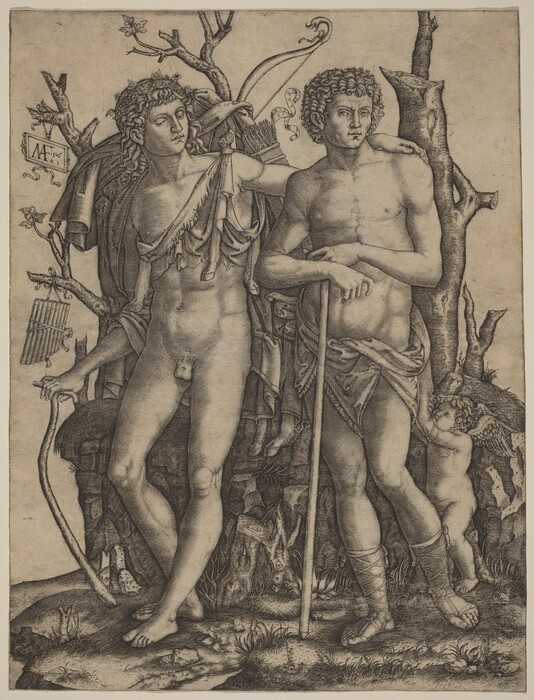 The image shows two full-length figures side by side. The figure on the left leans slightly and has their left arm on the other figure's shoulder. They have curly hair, defined facial features, and wear draped fabric over their shoulder. They hold a bow and have a quiver on their back. The figure on the right has their left arm across their chest and their right hand on a staff. They have curly hair and wear draped fabric around their waist. Both figures are barefoot, and the right figure has intricate legwear. In the background, there's a tree and a cherub-like figure holding onto the second figure's staff. The background has a rocky texture with plant growth. A mark resembling a signature is on the left side near the tree.