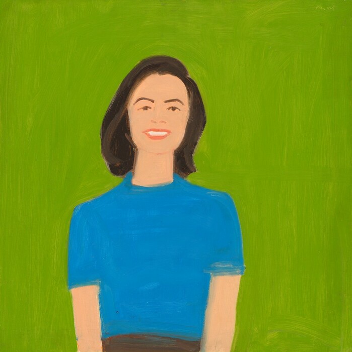 This painting shows a woman with light skin, seen from the waist up, facing us. She has dark, medium-length hair, and her face is painted with minimal detail. Her features include arched dark eyebrows, a barely visible nose, dark eyes, and red lips curved in a smile to reveal white teeth. She is wearing a short-sleeved blue shirt and brown bottoms that are only partially visible. The background is a solid bright green color. The brushstrokes in the painting are thick and visible.