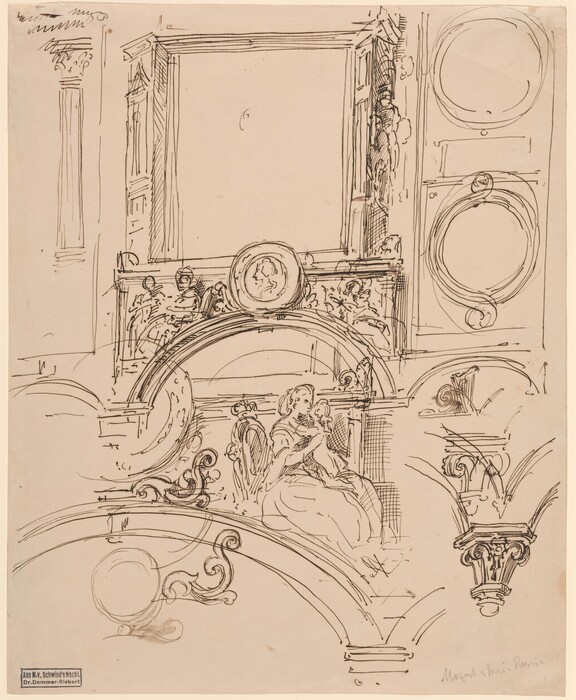This is a drawing of an architectural sketch featuring decorative elements and structures. The drawing illustrates a section of a building interior or facade with ornate architectural details, such as archways and column capitals. In the middle of the composition, there is a figure of a woman sitting on an elaborate chair. The drawing is executed in a loose, sketchy style, with detailed line work. The use of curves and scrolls in the embellishments adds to the intricate design.