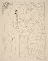 An Unattractive Woman Before the Sculpture of an Athletic Marie-Thérèse Leaning on a Self-Portrait of the Sculptor (Femme laide devant la sculpture d'une Marie-Thérèse athlétique sur un autoportrait du sculpteur), Pablo Picasso, 1933