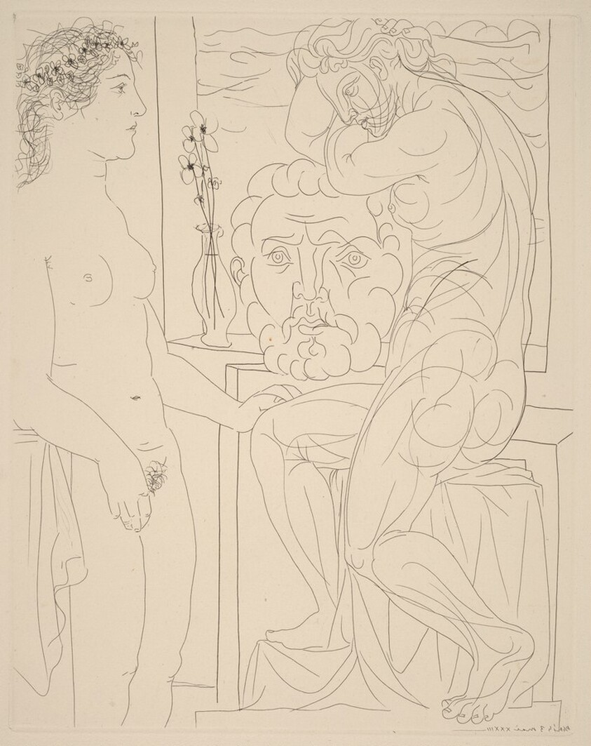 An Unattractive Woman Before the Sculpture of an Athletic Marie-Thérèse Leaning on a Self-Portrait of the Sculptor (Femme laide devant la sculpture d'une Marie-Thérèse athlétique sur un autoportrait du sculpteur)