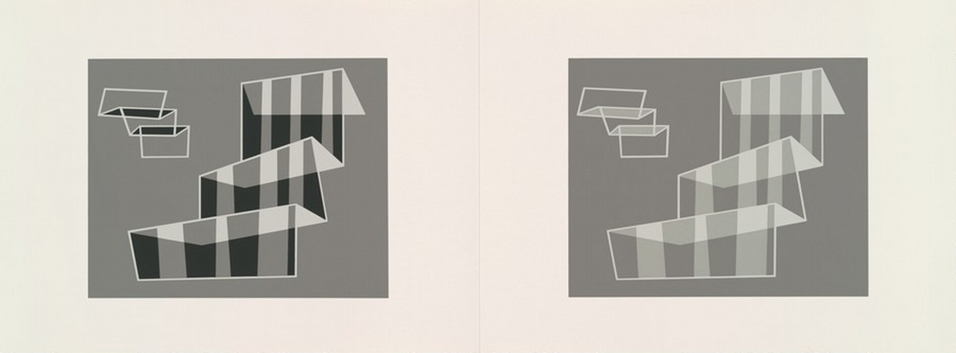 The image shows two identical panels side by side. Each panel depicts a series of abstract shapes, layered angular lines forming a zigzag pattern on a gray background. In the upper left corner of each panel, there are three overlapping transparent rectangles resembling floating envelopes. The colors are varying shades of gray with white outlines, emphasizing a minimalist and geometric abstraction suggestive of folded paper or architectural elements.