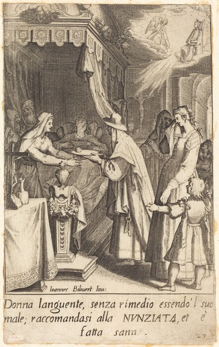 This is a drawing of an interior scene where a bedridden figure is attended by several others. The image shows a figure lying in a canopy bed with several attendants nearby, each dressed in period clothing of historical European style. On the left, a veiled figure reaches towards the bed, holding a vessel, as another figure appears to be descending from the sky in the upper right corner. The room is elaborately decorated with drapery and furnishings that signify a setting of importance. The text at the bottom is in Italian.