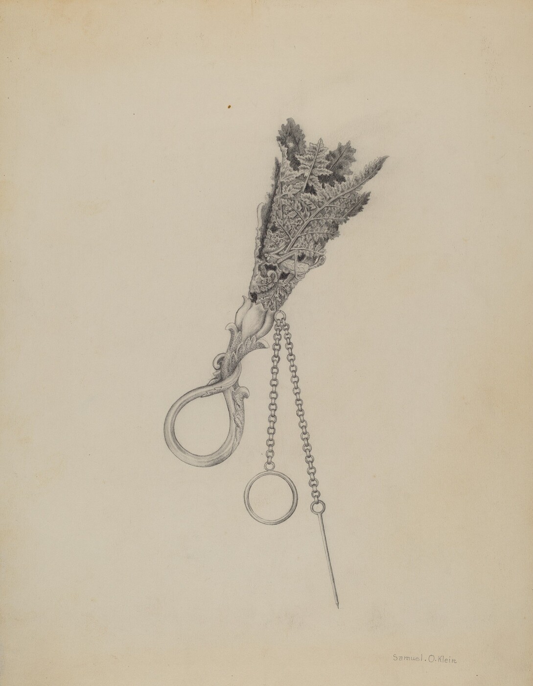 The image depicts an intricately detailed object, possibly jewelry or a decorative tool. It includes ornate foliage and floral designs, a large ring, and a chain terminating in a small loop and a straight pin. The color palette is monochromatic, primarily shades of gray and black against a lighter beige background. The object is positioned in the center of the image, with the decorative portion extending upward and the chain dangling downward, the pin nearly reaching the bottom of the frame.