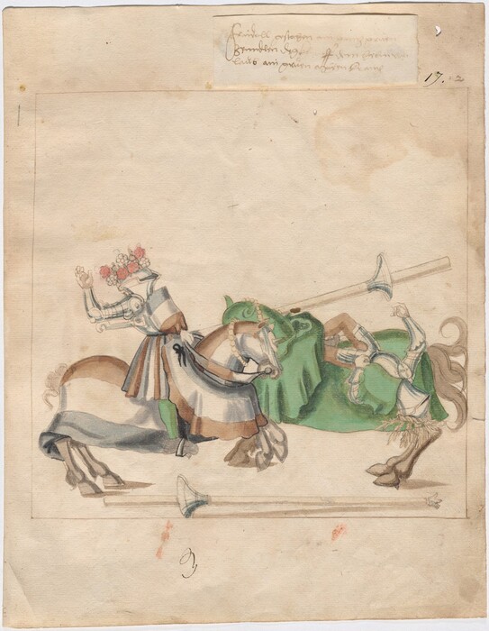 This is a painting of a jousting scene with armored horses and riders. The painting shows two armored figures, each on horseback, engaging in a jousting tournament. One horse and its rider are depicted in colorful armor, including a decorative flourish of flowers. The other figure has been unhorsed and is on the ground, covered in a green cloth that extends over the horse. The composition captures the moment of action and skill, with the energy of the horses and the intricacies of their armor depicted through delicate brushwork and a muted color palette. The style resembles medieval manuscript illustrations.