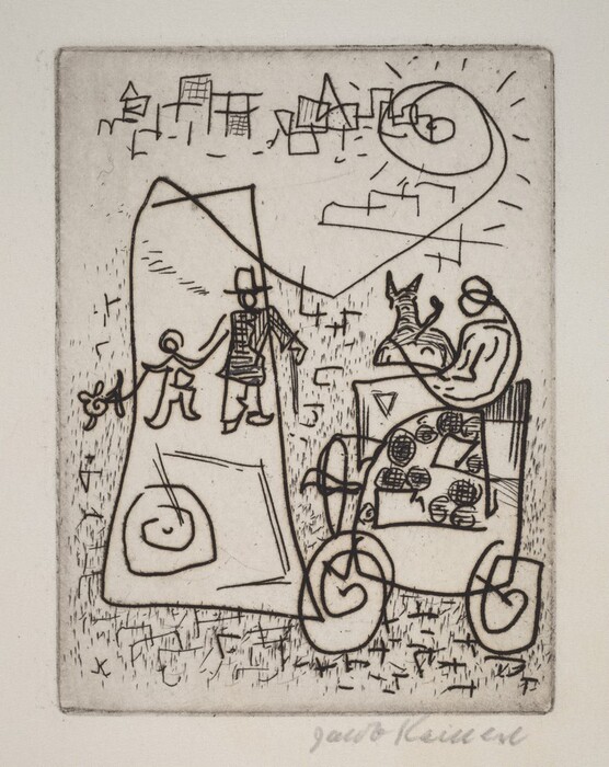 The image features a collection of geometric shapes and lines creating an intricate composition. There are spirals, rectangles, and triangles. There is a human-like figure with a rectangle for a torso and limbs depicted with simple lines. It appears to be holding a smaller figure's hand. Nearby, there is an abstract representation of a wagon with two large circular shapes resembling wheels. Atop it is a form suggesting a seated person holding an elongated object. In the background, there are cubes and lines creating the illusion of a city skyline. A large spiral shape swirls into the upper corner.