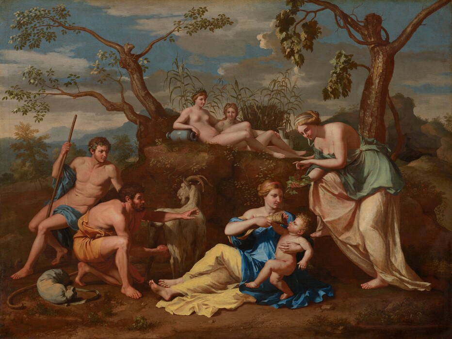 Two men, four women, and a baby gather on and in front of a platform-like rock formation in a landscape in this horizontal painting. The people all have pale skin and delicate features. The women’s blond hair is pulled up and back over a headband, and the men have short, curly brown hair. The two men are in the lower left corner of the composition. One sits holding a staff and leaning back on the other hand. He is clean-shaven and nude except for an azure-blue cloth wrapping around one elbow and across his lap. The other man kneels on one knee and milks a goat. That man is bearded, wears a loose, golden-yellow toga, and reaches his other hand toward our right. There, one woman wearing lapis blue and butter yellow holds the pudgy, nude baby. Her legs are crossed to our left, but she turns her torso to our right to help the baby at her left hip drink something, presumably goat’s milk, from a horn. A second woman stands over this pair wearing pale peach and laurel green. This second woman hunches over and holds a honeycomb on a leaf, which catches the honey. The other two women are nude and recline on the rocky platform. The woman closer to us leans against a slender, overturned slate-blue urn with water trickling from its narrow opening. The first woman here drapes and arm across the shoulders of the second, who reclines next to her legs. An urn with a round belly and tall neck sits upright next to this second woman. Scrubby plants, willowy grasses, and two stubby trees grow from the rocky formation. Trees and hills in the background lead back to blue-shaded mountain on the horizon, which comes halfway up this composition. White and muted light brown clouds skirt across the blue sky above.