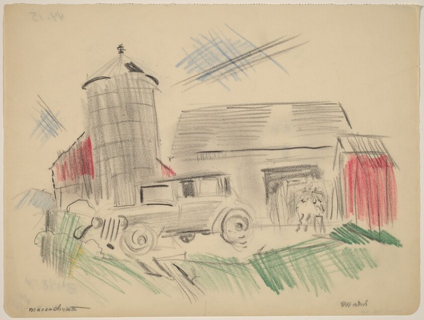 Massachusetts, Farm and Old Car with Horse, No. 1