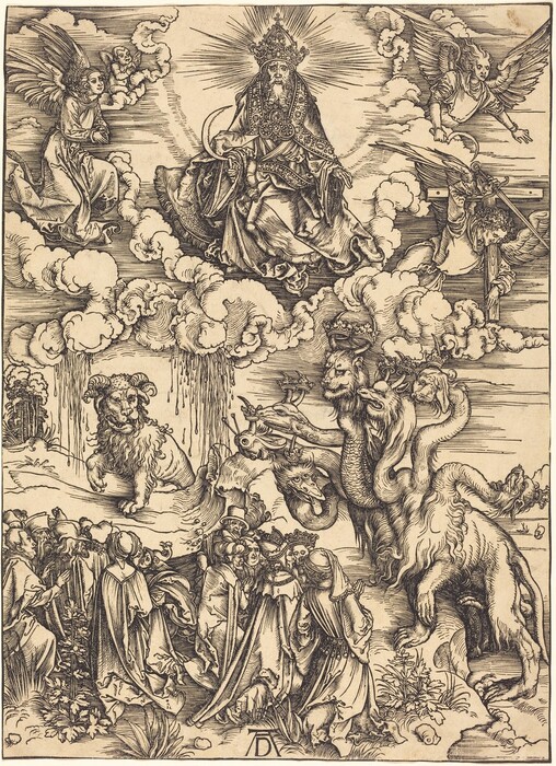 This is a drawing of a scene in the heavens and earth. The scene depicts a figure seated upon a cloud, surrounded by other angelic beings. To the right, a creature with multiple heads, stands prominently. Below, figures clad in robes seem to gather and point towards this creature. The composition includes intricate lines and textures, adding a dramatic quality to the image.