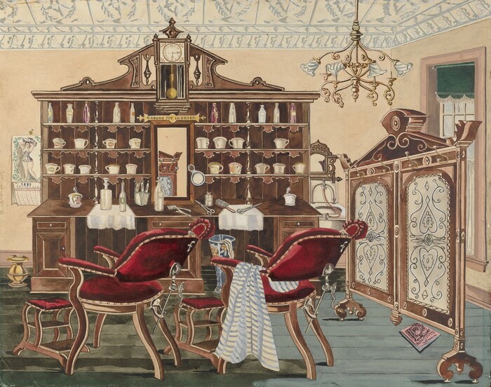 The image depicts a vintage barber shop interior with a large wooden cabinet filled with bottles and containers, a mirror, and a clock. The color palette includes rich browns, deep reds, and accents of gold and pastels. Barber chairs with red upholstery are in the foreground facing the cabinet. A decorative screen partly covers a window with a green valance on the right. A chandelier hangs overhead, and a calendar is visible on the left wall.