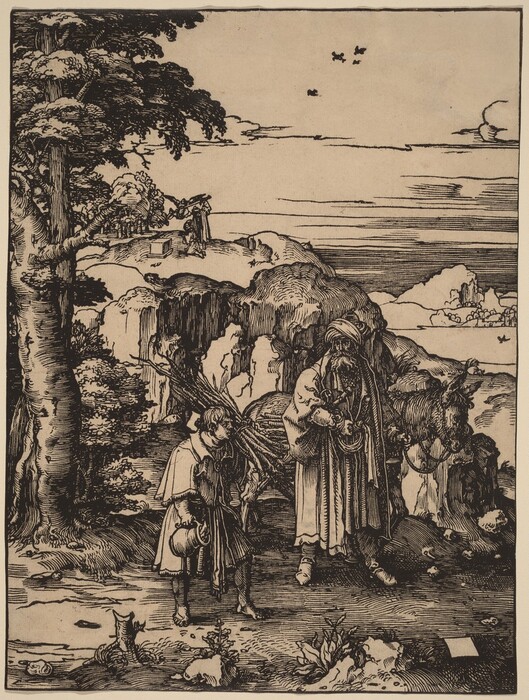 The image is a woodcut print depicting two figures and a donkey. One figure is an older man holding a book or a scroll, while the other is a younger person carrying a bundle of sticks. The woodcut technique uses bold, dark lines to show texture and depth. The setting includes a detailed tree to the left, a rocky landscape, and a low horizon line. The color palette is monochrome, with black ink on a lighter background. In the distance, there are more figures, a building, and a sky with clouds and birds.