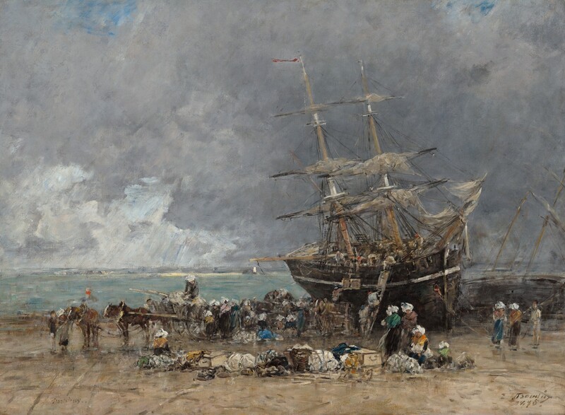 A two-masted ship with sails furled has been pulled onto a beach as dozens of people bustle on and around it in this horizontal landscape painting. The scene is loosely painted and many details are indistinct throughout. The ship dominates the right half of the composition, listing slightly to the left as the bow lodges in the sand. People working on the deck pass crates and goods down to others standing on a ladder or horse-drawn carriage pulled up alongside the hull. The women wear long brown, gray, or dark blue skirts, shawls in shades of golden yellow, marigold orange, dusky pink, or muted green, and white headdresses. The men’s clothing is earth brown and gray, and a few wear brick-red caps. Three women and perhaps a child sit or stand to or right next to a line of goods in bundles, baskets, and crates that separate us from the line of activity closer to the shore. The horizon comes about a third of the way up the composition, and the ship’s masts thrust into a sky nearly filled with slate-gray clouds. A couple patches of vivid blue line the top of the painting, and white streaks in the distance to the left suggest sunlight pouring through another break in the clouds. The artist inscribed the site in the lower left corner, “Portrieux” and signed and dated the painting in the lower right corner, “E Boudin 1875.”