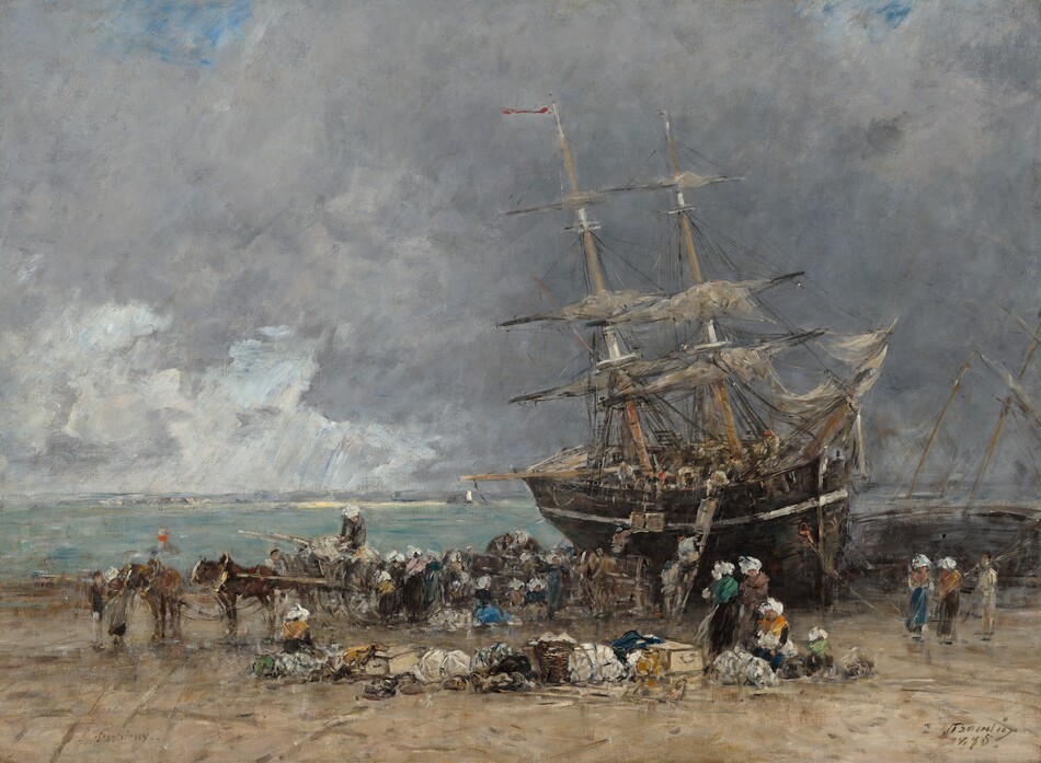 A two-masted ship with sails furled has been pulled onto a beach as dozens of people bustle on and around it in this horizontal landscape painting. The scene is loosely painted and many details are indistinct throughout. The ship dominates the right half of the composition, listing slightly to the left as the bow lodges in the sand. People working on the deck pass crates and goods down to others standing on a ladder or horse-drawn carriage pulled up alongside the hull. The women wear long brown, gray, or dark blue skirts, shawls in shades of golden yellow, marigold orange, dusky pink, or muted green, and white headdresses. The men’s clothing is earth brown and gray, and a few wear brick-red caps.  Three women and perhaps a child sit or stand to or right next to a line of goods in bundles, baskets, and crates that separate us from the line of activity closer to the shore. The horizon comes about a third of the way up the composition, and the ship’s masts thrust into a sky nearly filled with slate-gray clouds. A couple patches of vivid blue line the top of the painting, and white streaks in the distance to the left suggest sunlight pouring through another break in the clouds. The artist inscribed the site in the lower left corner, “Portrieux” and signed and dated the painting in the lower right corner, “E Boudin 1875.”