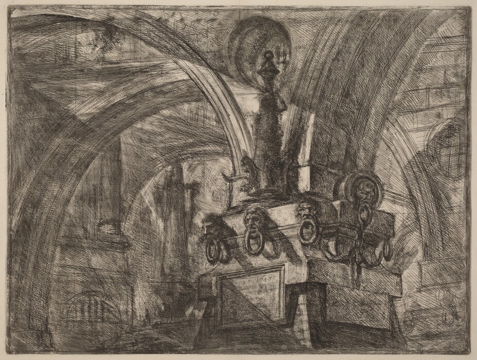 This is a drawing of a vaulted interior architectural space. The scene features grand arches, intricately carved stone elements, a central prominent structure, and detailed bases adorned with figures and decorative ring motifs. Shading and cross-hatching add texture and depth. The overall scene conveys a feeling of historical and monumental architecture.
