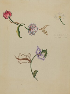 “Crewel Embroidery”. The image features stylized floral motifs scattered across the page.