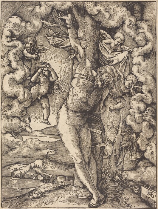 The image shows a naked male figure tied to a tree with ropes. The figure appears to have long hair, a beard, and facial features. He is slumped over with his head tilted to the side, and arms and legs stretched out. An arrow is shown piercing his side and underarm. Surrounding the figure are small cherubs with wings, two of which are hovering in clouds on the left. The background features clouds, hills, trees, and a distant house, with a bearded man in draped clothing visible in the upper right among the clouds.
