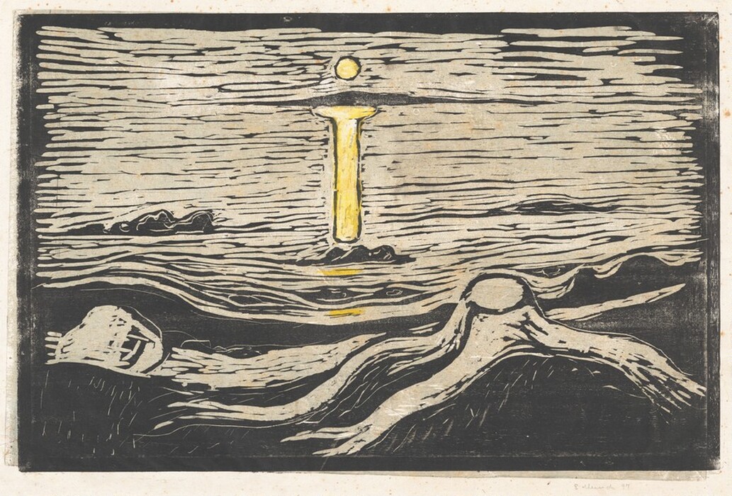 The image displays fluid, wavy lines moving horizontally, intersected by a vertical line with a circular shape at the top. The central column and circle resemble a lighthouse, while the horizontal lines suggest rippling waves. Dark areas at the bottom and edges may evoke a shoreline or rocks.