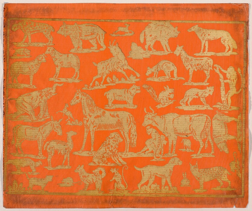 The image features a collection of animal figures depicted in a golden hue against a vivid orange backdrop. The animals are arranged in rows and include various species such as a bear, wolf, horse, cow, camel, sheep, and others. There are a few smaller mythical or imaginative creatures scattered among the more recognizable animals. Some animals appear in dynamic poses while others stand in profile, and a few are interacting with each other. The illustration has a decorative quality, reminiscent of ancient or traditional art styles where each animal occupies a distinct space within the composition.