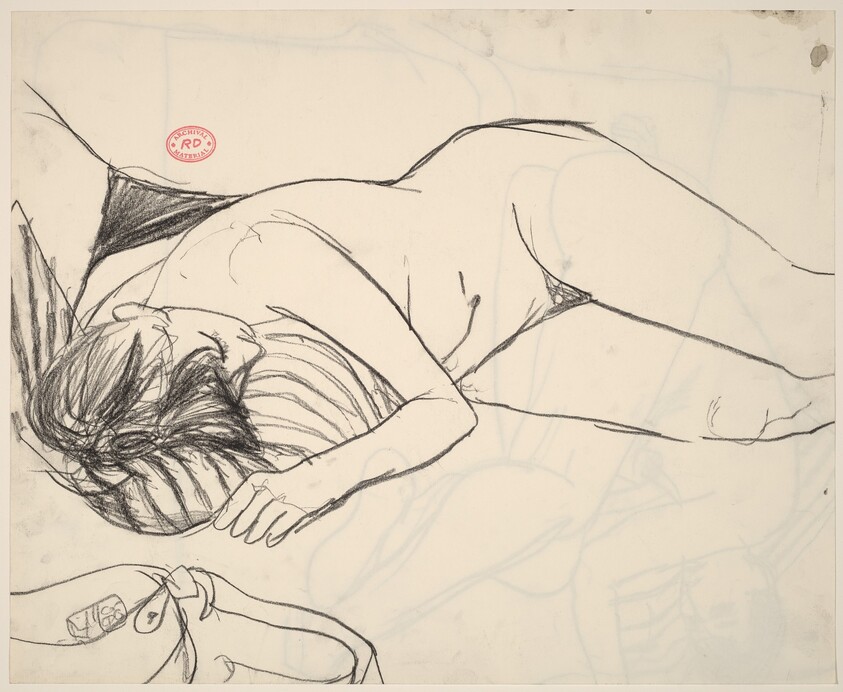 Untitled [female nude resting on a striped pillow] [recto]