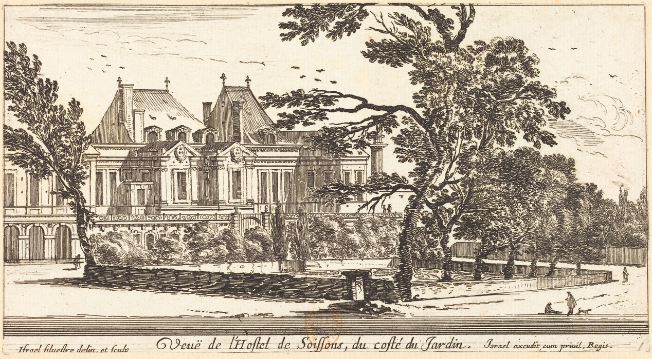 This is an etching of an estate, viewed from a garden. The horizon is not prominently marked, obscured by the house and trees. There are birds in the sky. The fine lines in the etching show detailed architecture, with high roofs and an ornate facade. The color palette is monochrome, using variations of brown ink. There is a pond reflecting the estate, with people walking, one sitting with a dog. In the distance, foliage and the estate blend in a garden landscape.