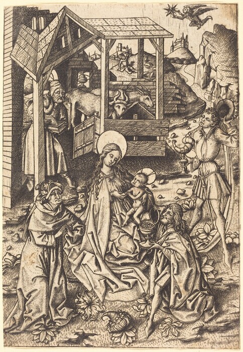 This is a drawing of a religious scene featuring figures in a nativity setting. The image is intricately detailed, focusing on a group of individuals gathered around a central figure holding an infant. The composition is framed by an architectural structure resembling a stable, complete with a wooden roof and open façade, revealing various animals. The background landscape presents hills and a distant view of a castle-like structure. An angelic figure hovers in the upper right corner, guiding a star. The figures wear historical garments, and the line work enhances the texture and depth of the scene.
